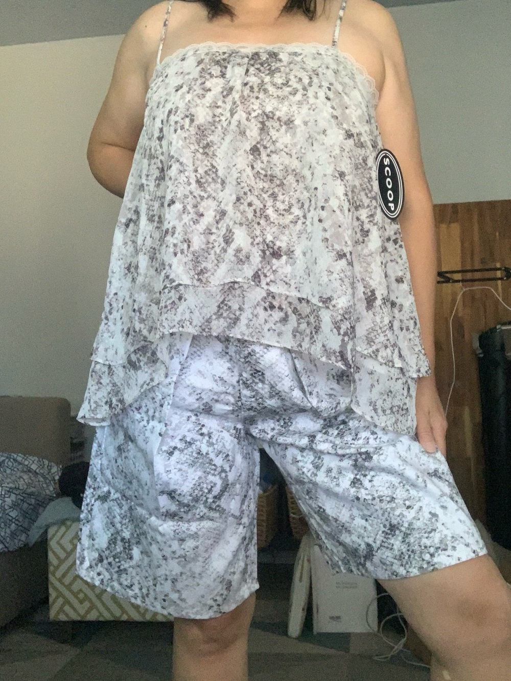 NWT Scoop Light Gray Snake Printed Lace-Trim Spaghetti Strap Top